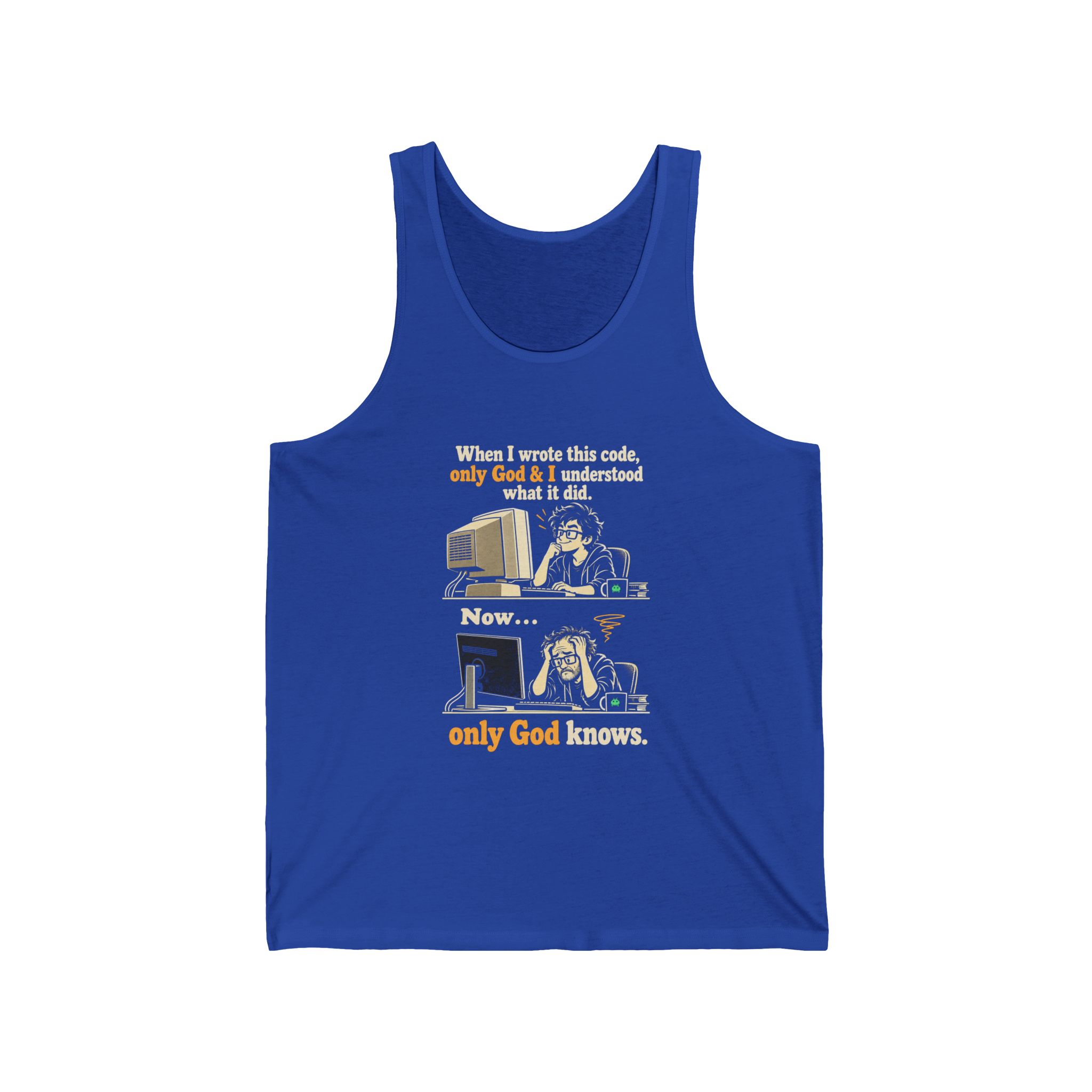 Only God Knows unisex tank in True Royal, front view