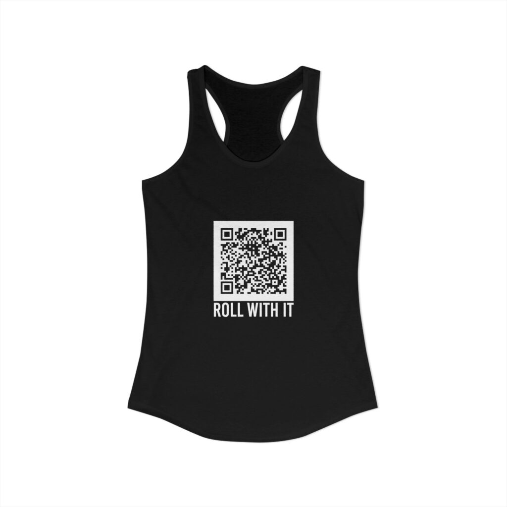Roll With It QR Code women's racerback tank in Solid Black, front view