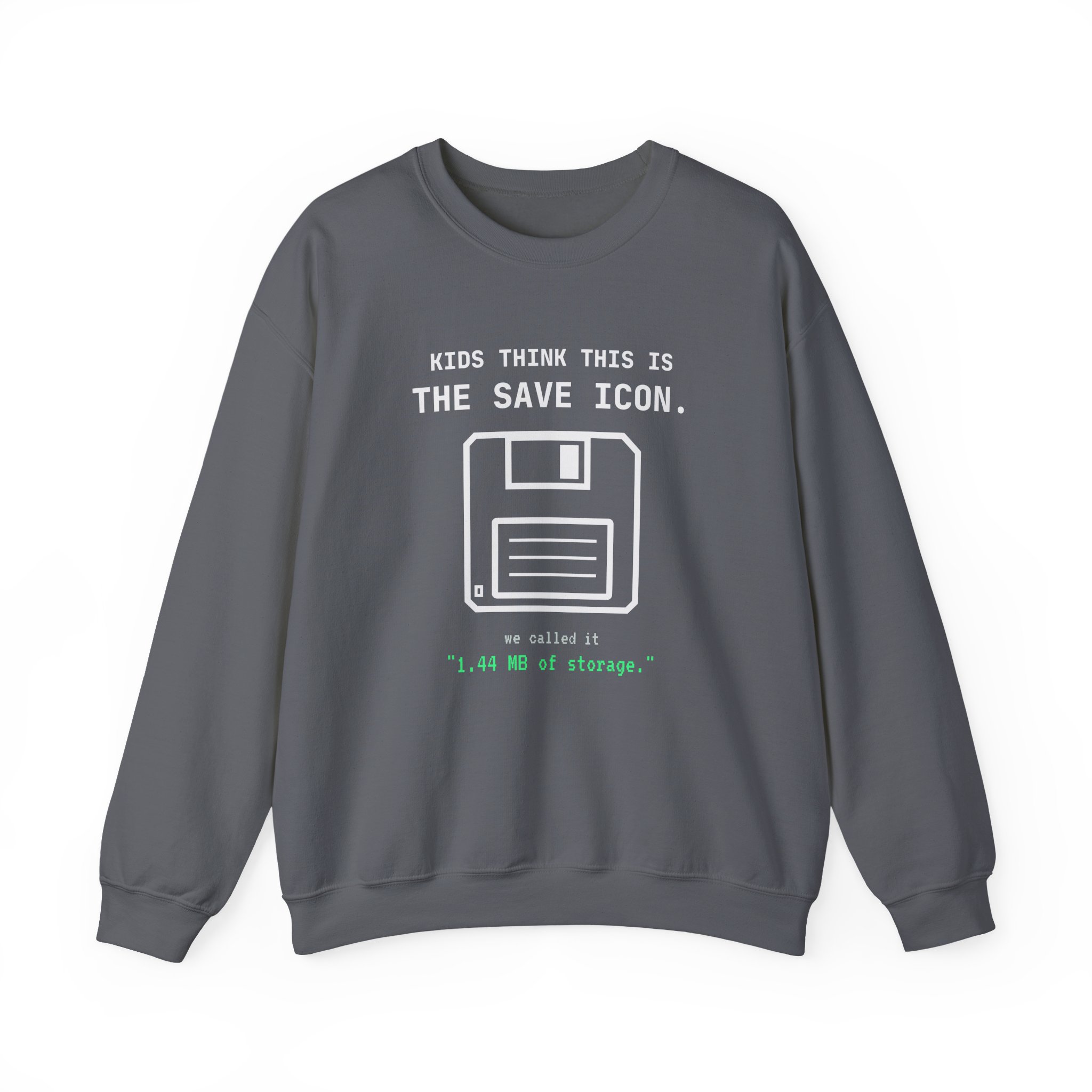 The Original Save Icon crewneck sweatshirt in Charcoal, front view